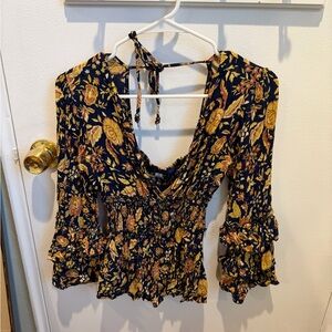 Blue Rain Navy Floral Smocked Blouse